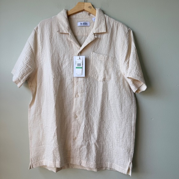 Original Penguin Mens Camp Shirt Large L Short Sleeve Button Up Birch Beige - Picture 1 of 4